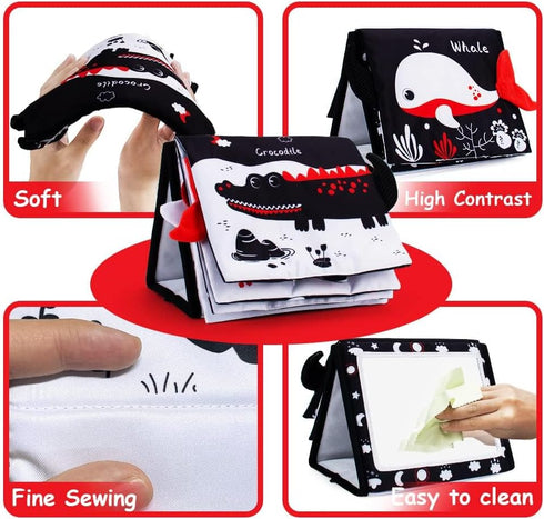 Tummy Time Mirror, Baby Tummy Time Toys with Soft Book, Black and White High Contrast Baby Toys, 3D Activity Sensory Montessori Toys Crawling Mat...